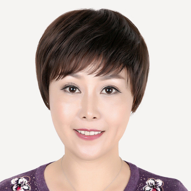 真发假发女短发中老年全头套中年女短直发妈妈真人发丝自然假头发