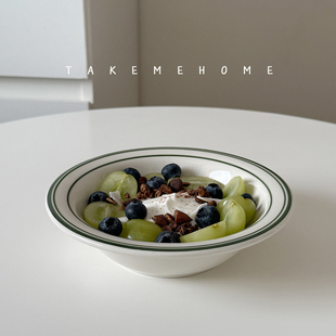 Tuxton绿线条酸奶碗简约复古绿麦片甜品碗ins韩风陶瓷沙拉碗饭碗