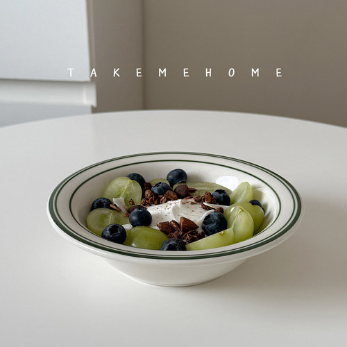 Tuxton绿线条酸奶碗简约复古绿麦片甜品碗ins韩风陶瓷沙拉碗饭碗