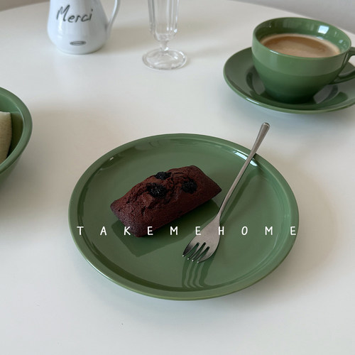 takemehome复古深绿色平盘沙拉碗咖啡杯纯色甜品点心盘一人食餐具
