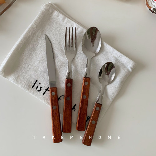 TAKEMEHOME 棕色木柄刀叉勺西餐餐具套装甜品小勺中古风好看摆拍
