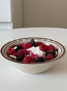 takemehome复古棕色边线条陶瓷碗ins酸奶碗燕麦早餐碗沙拉碗饭碗