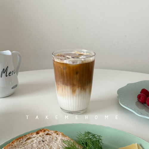 takemehome进口复古竖纹玻璃杯加厚透明冰咖啡杯高颜值ins浮雕杯