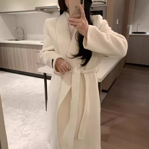 秋冬双面羊毛大衣女2024新款过膝长款V领系带高级感气质毛呢外套
