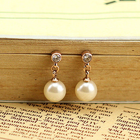 韩国时尚闪钻吊珍珠耳钉女耳环耳饰耳坠女玫瑰金彩金耳钉防过敏