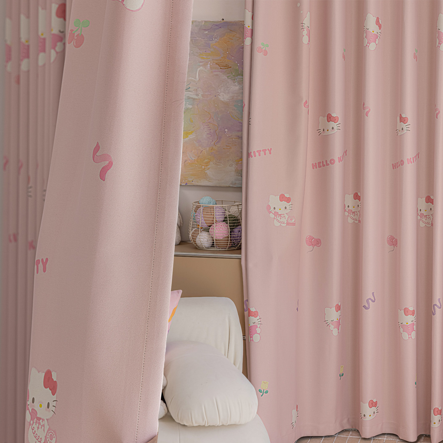 棉麻全遮光儿童卡通成品窗帘婴儿粉凯蒂猫环保隔音印花定制飘窗帘