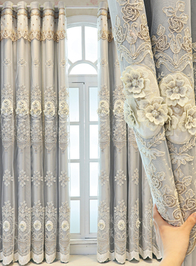 高遮光布纱双层浮雕绣花一体成品落地窗帘飘窗卧室定制灰色提花布