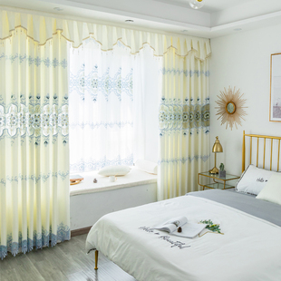 现代简约仿真丝镂空绣花客厅窗帘镂空田园提花绣花白色遮光布纱帘