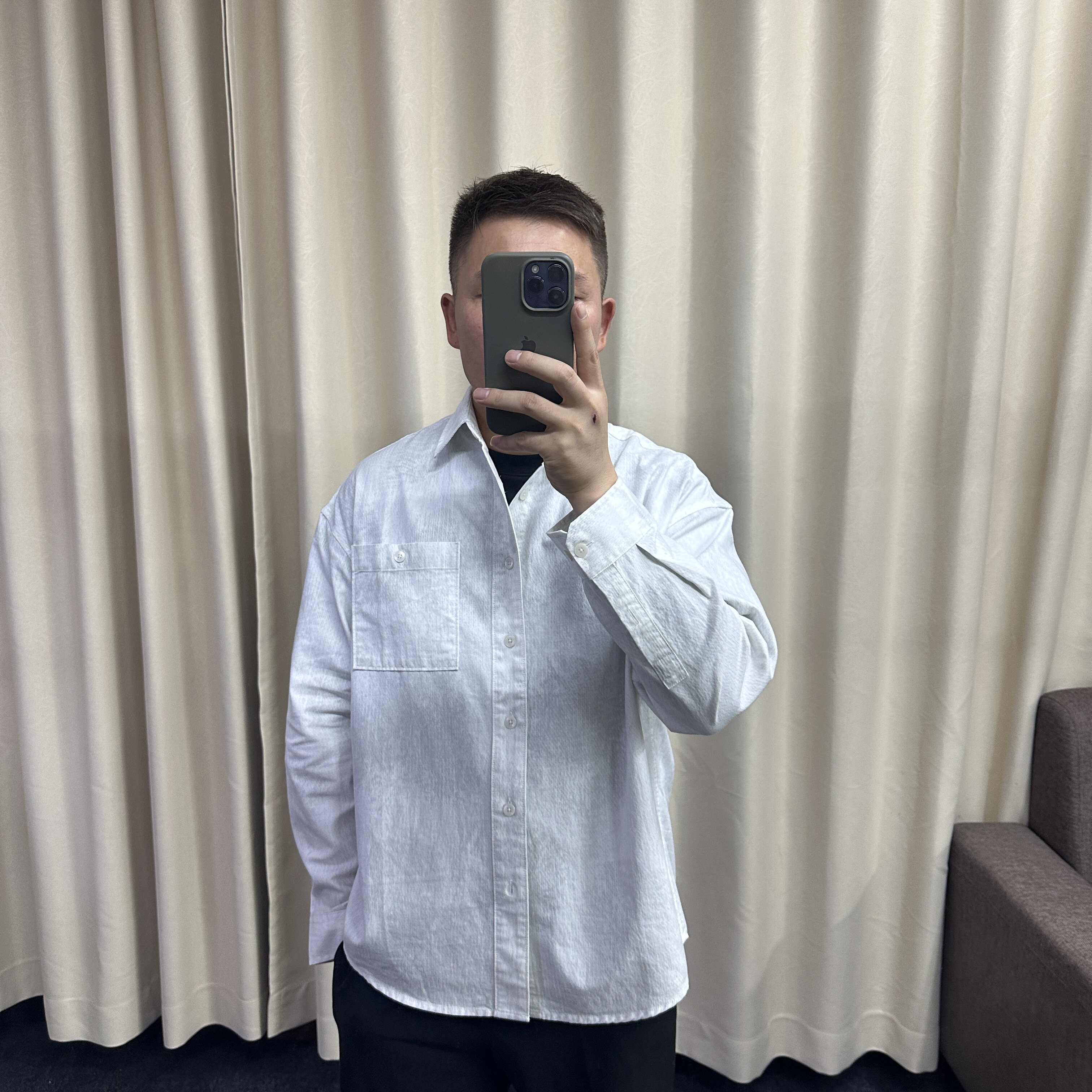 轻熟简约棉麻质感衬衣男士秋季纯色翻领口袋宽松通勤休闲长袖衬衫