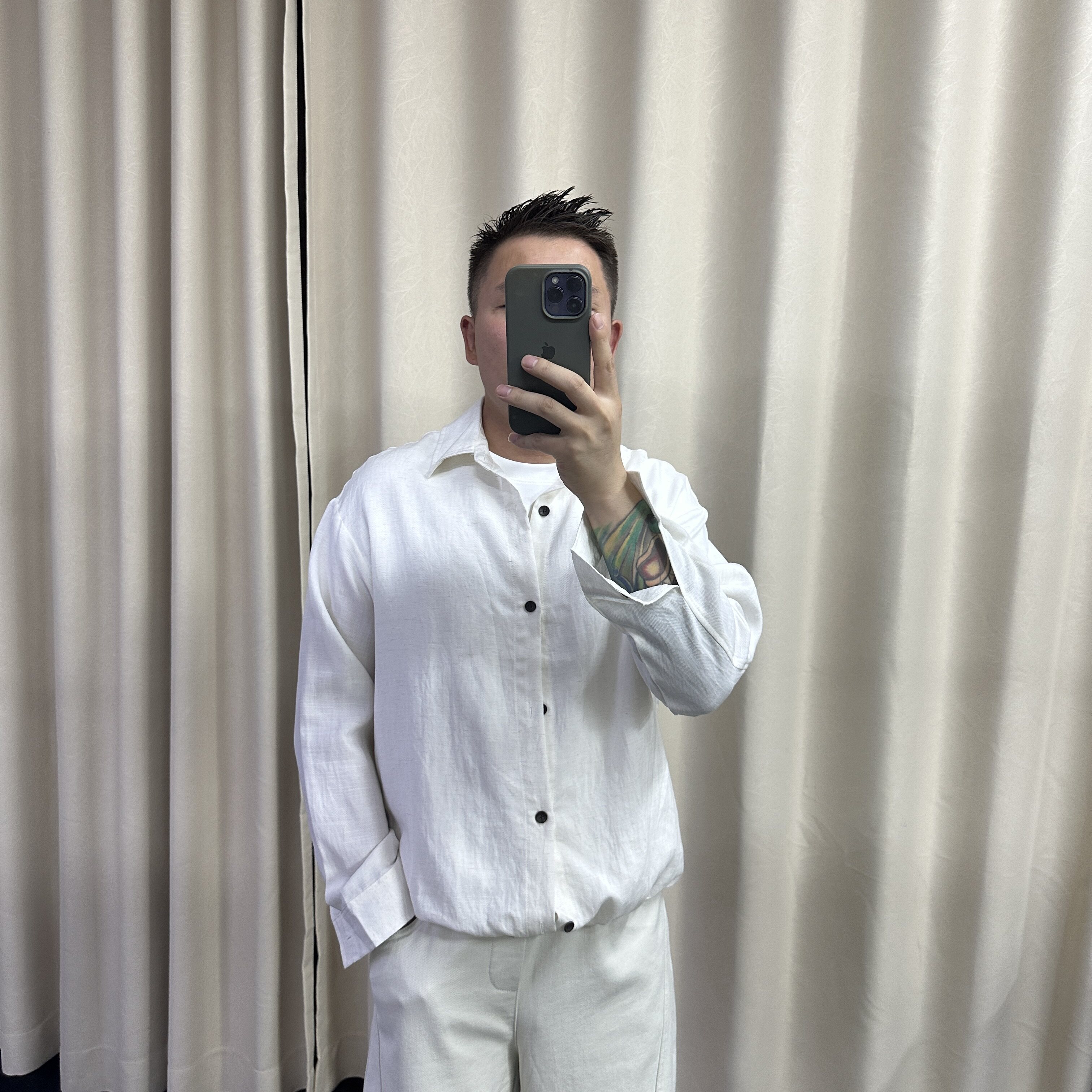 假两件肌理纹长袖衬衫男士秋季新款潮牌宽松休闲百搭翻领衬衣外套