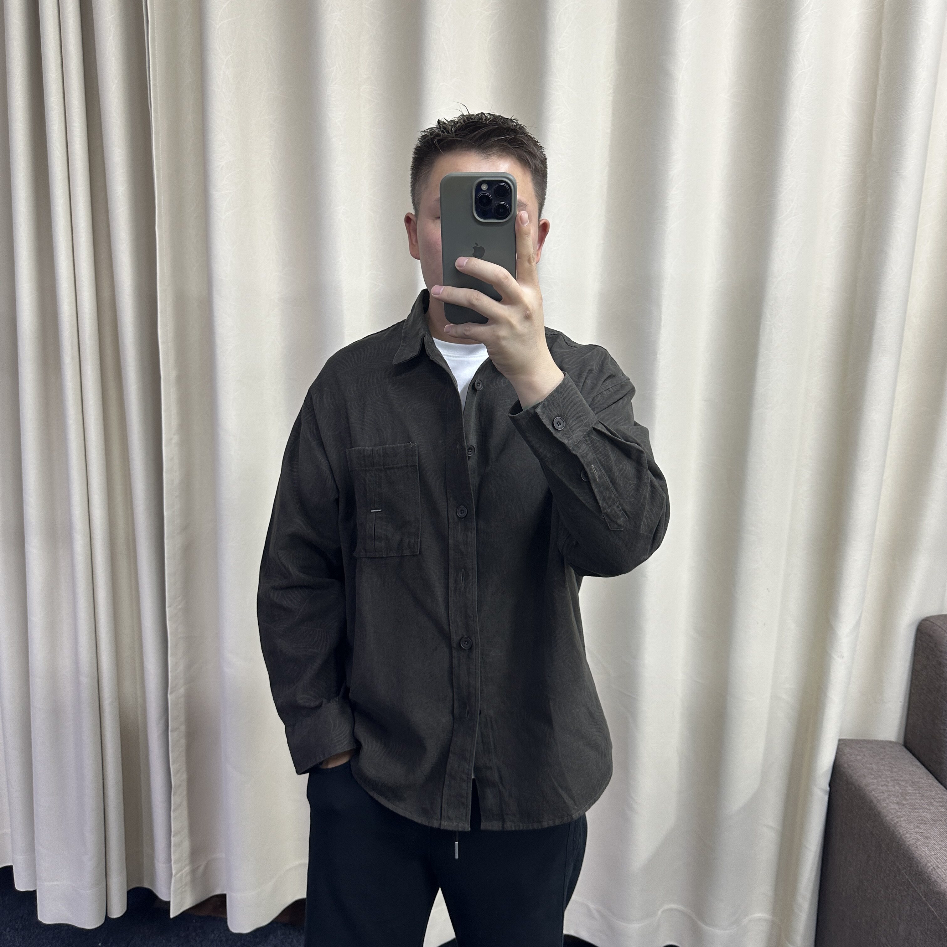 男士暗纹提花长袖衬衫秋季宽松休闲复古做旧翻领口袋工装衬衣外套