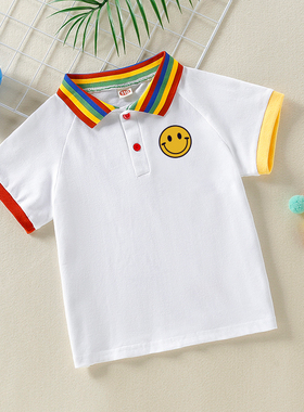 男女童短袖t恤夏装宝宝洋气黄色笑脸半袖上衣儿童彩虹翻领polo衫
