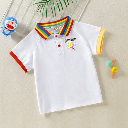 男童短袖t恤夏装纯棉洋气宝宝半袖上衣儿童彩虹翻领polo衫奥特曼