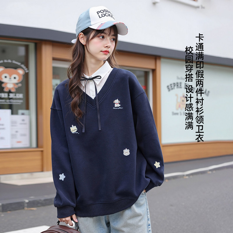 女童春装卫衣洋气初中生假两件休闲女大童春秋套头学院风宽松上衣