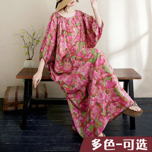 红色花棉麻印花连衣裙宽松遮肉显瘦度假风袍子大版型灯笼袖长裙