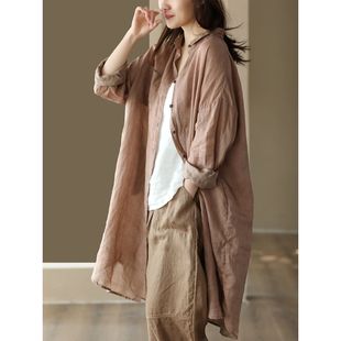 复古棉麻衬衫 宽松版 女纯色暗纹衬衣中长款 外套中裤 开衫 夏秋新款