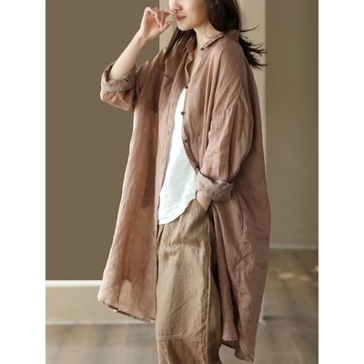 夏秋新款复古棉麻衬衫女纯色暗纹衬衣中长款开衫外套中裤宽松版