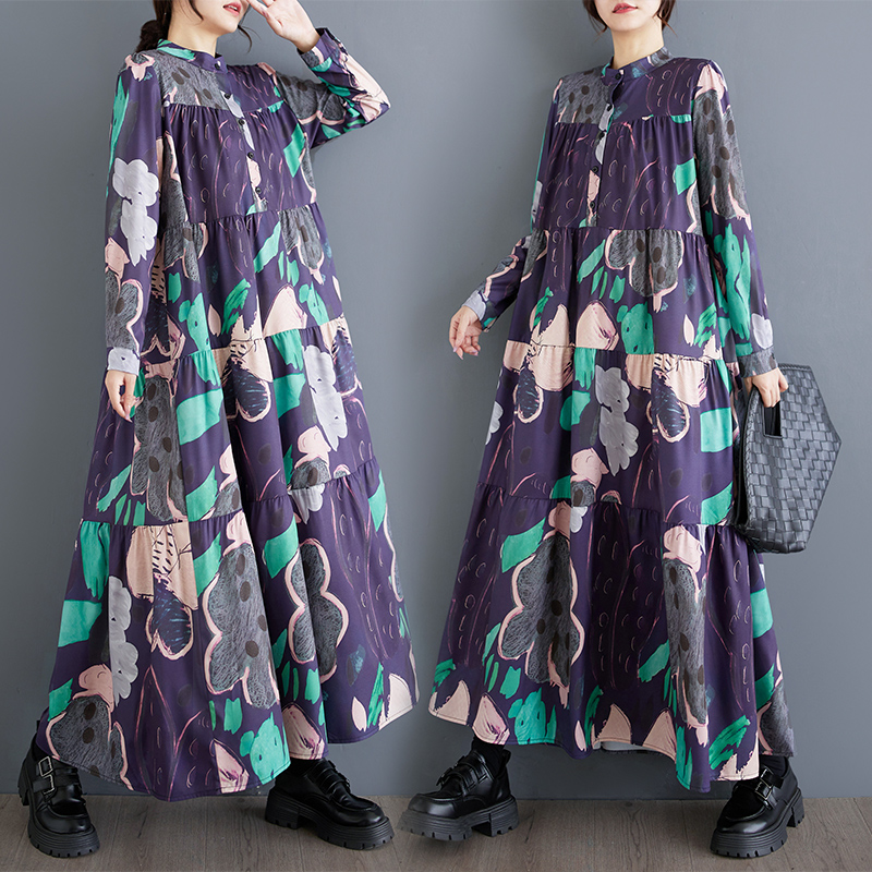 韩版春秋新款大码宽松显瘦时尚长袖印花中长款连衣裙大摆裙子过膝