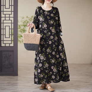外贸出口妈妈装棉麻印花圆领宽松大码长袖胖MM加肥加大度假连衣裙