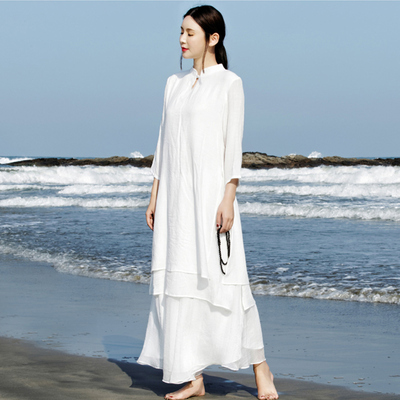 改良中式女装连衣裙棉麻双层中长款禅服班服茶服工作服太极服春秋