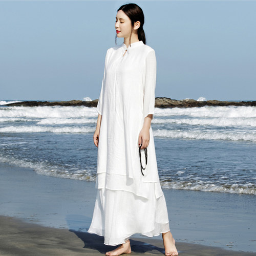 改良中式女装连衣裙棉麻双层中长款禅服班服茶服工作服太极服春秋
