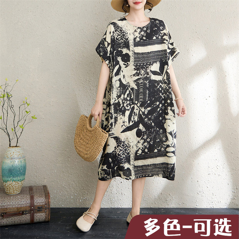 薄折扣夏季透气棉麻花文艺女气质过膝中长款短袖连衣裙女薄款亲肤