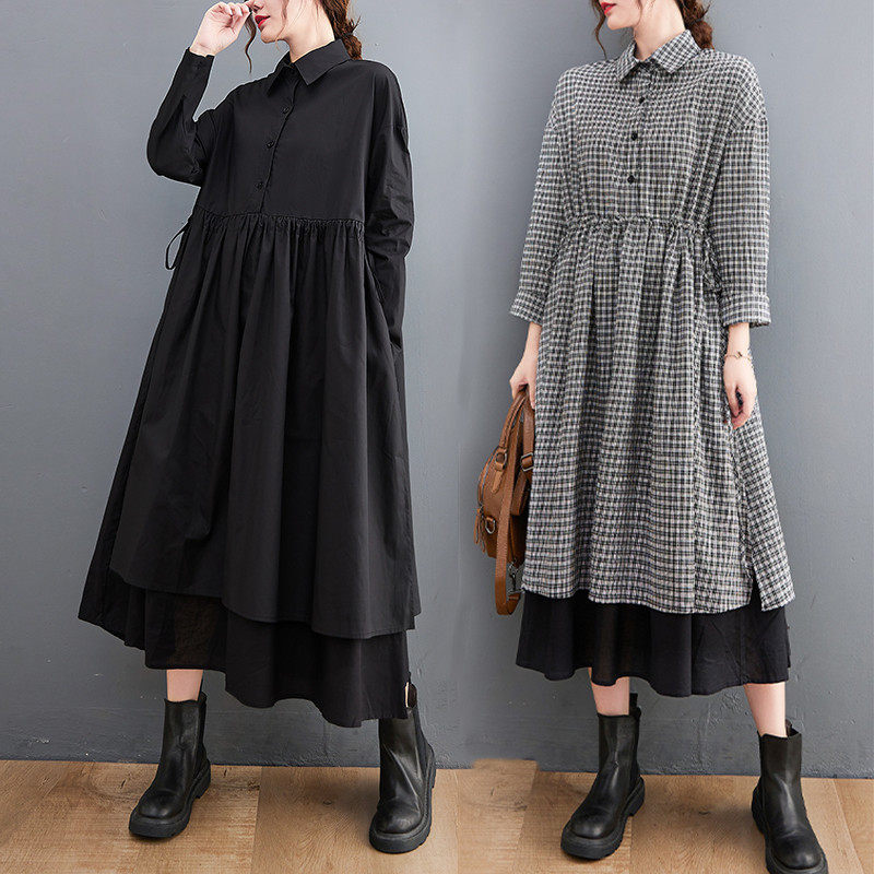 折扣秋装新款拼接连衣裙时尚中长款假两件衬衫连衣裙子过膝百搭潮
