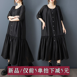 外贸春夏新款复古黑色法式连衣裙短袖拼接褶皱时尚松弛感宽松女裙