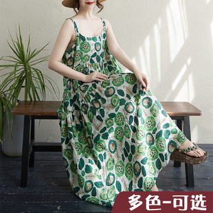 绿色花棉麻印花薄款拼接长裙连衣裙吊带宽松显瘦大摆蛋糕裙吊带裙