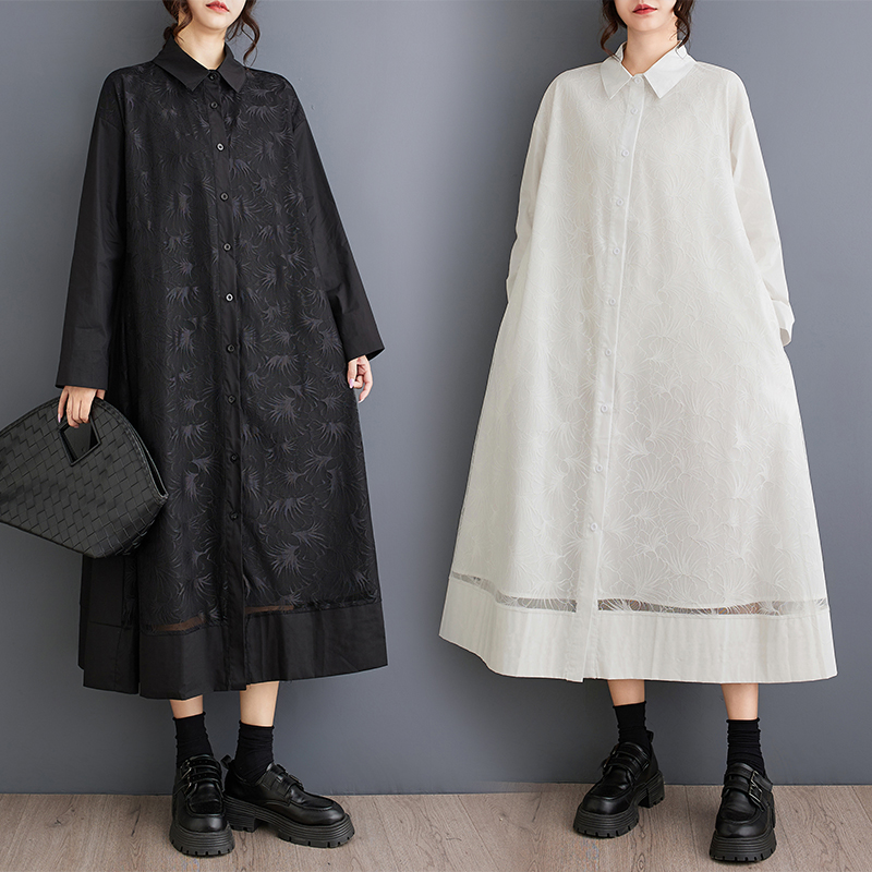 春秋韩新款宽松大码网纱拼接中长款文艺复古长袖连衣裙子翻领纯色