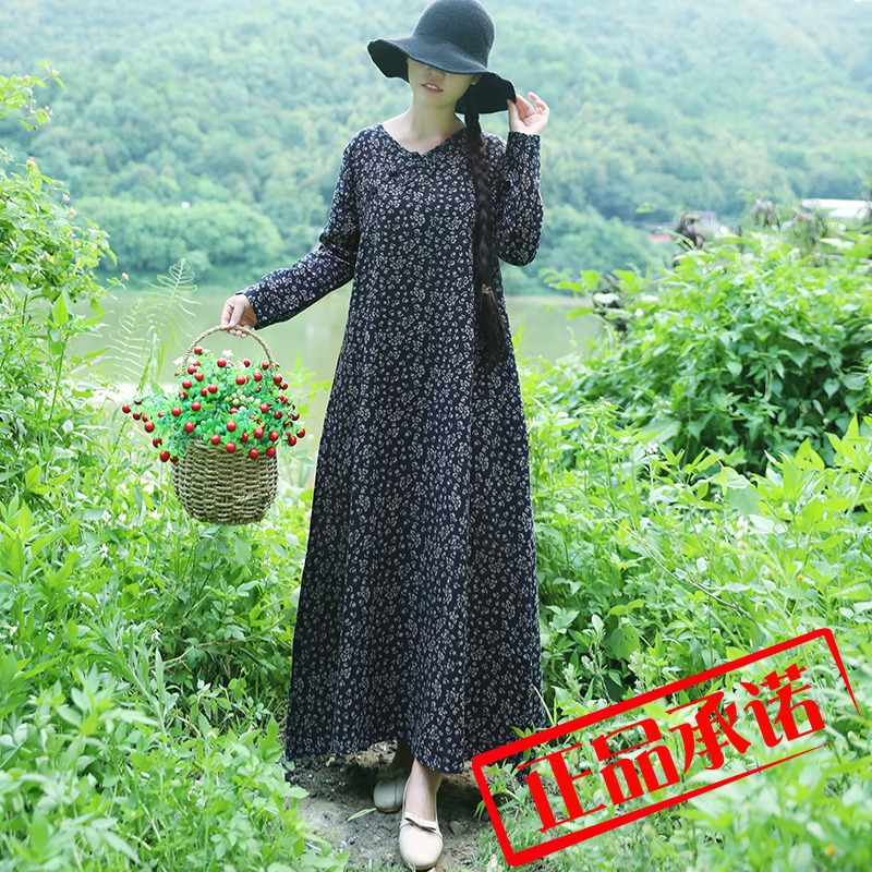 39.90元包邮小碎花2019秋季新款民族风女装复古大码宽松长袖棉麻连衣裙子
