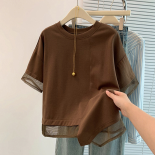 T恤衫 夏季 显瘦短袖 胖mm宽松休闲设计感网纱拼接大码 纯色圆领 新款