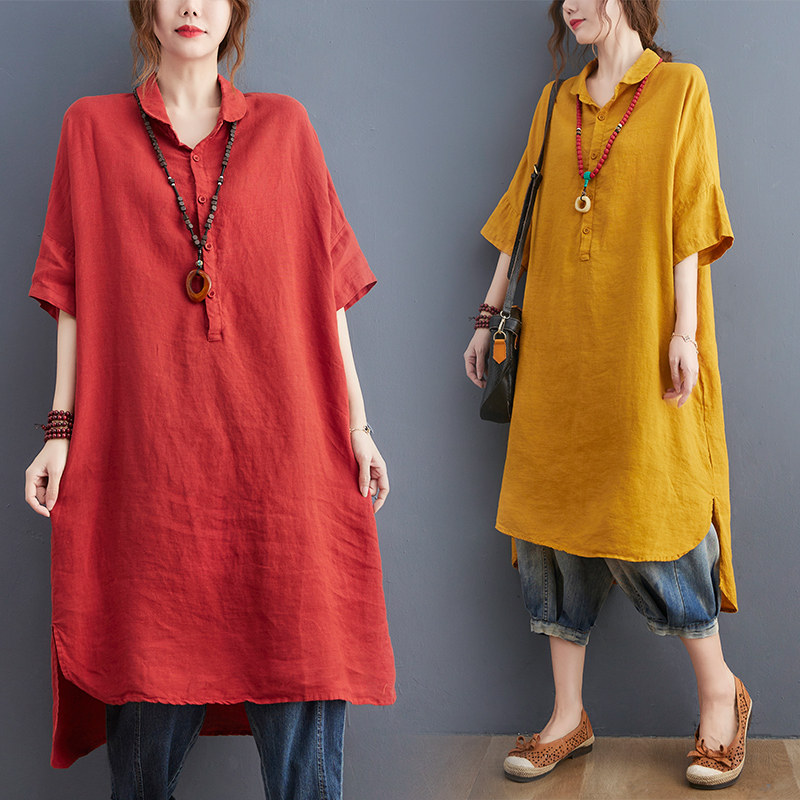 中长款亚麻宽松衬衫纯色