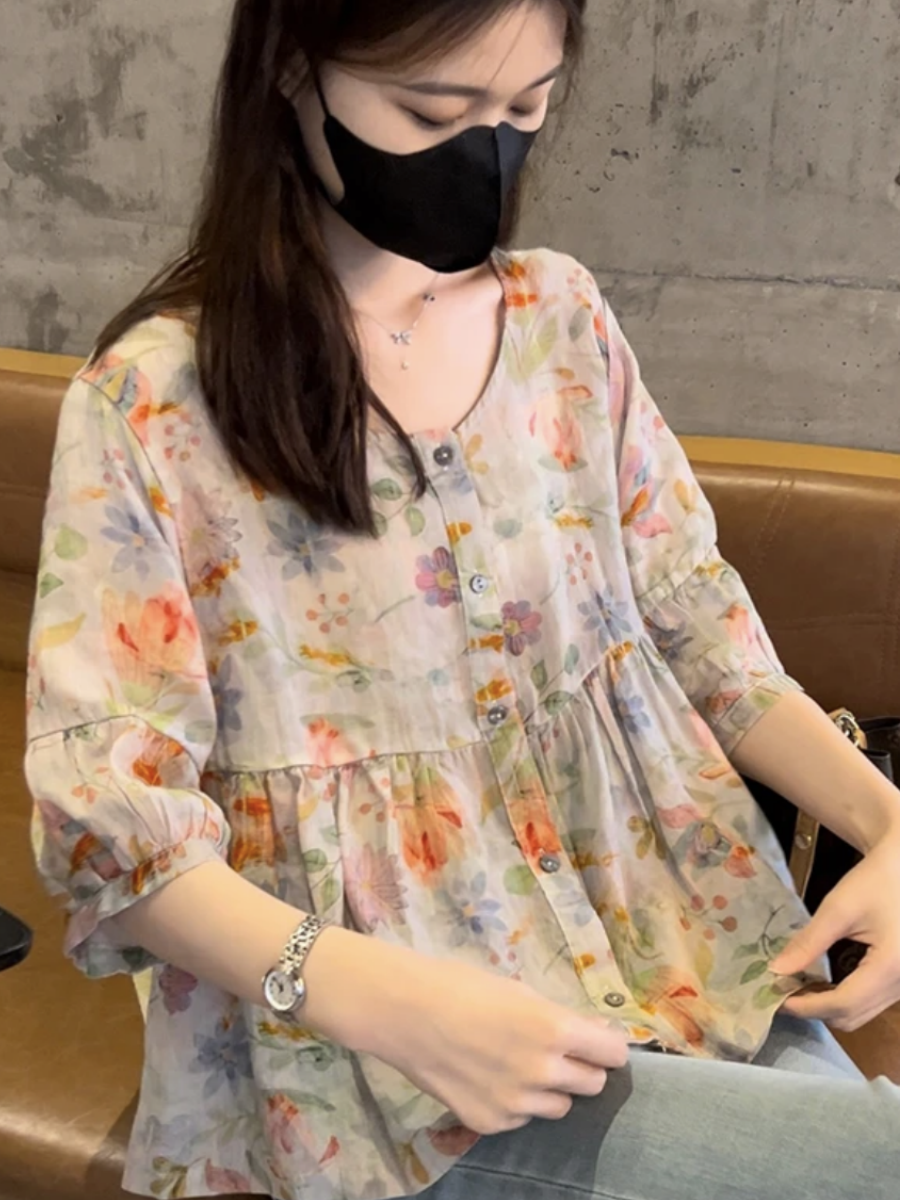 棉麻碎花上衣女中袖大码胖mm宽松遮肚子显瘦短袖t恤衫薄款娃娃衫