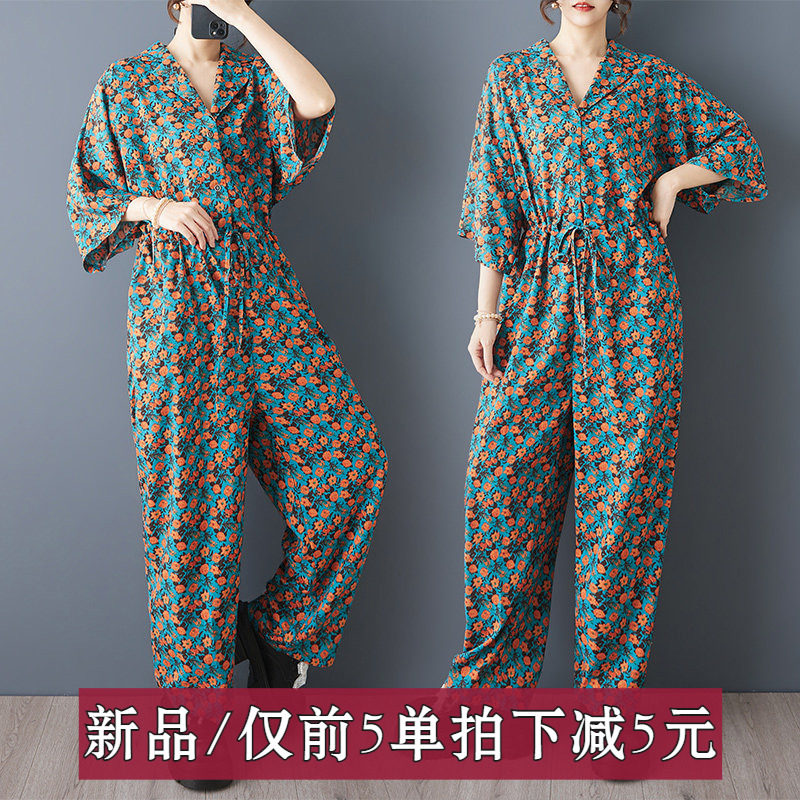 外单夏装新款欧洲站碎花印花连体衣裤时尚宽松收腰减龄休闲阔腿裤