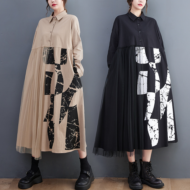 捡漏秋韩新款宽松大码网纱拼接中长款文艺复古长袖连衣裙子过膝