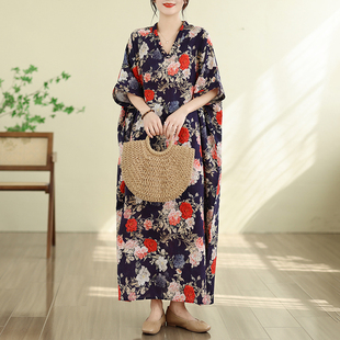 外贸夏季花色度假风旅游V领复古长裙子过膝遮肉棉麻连衣裙大花朵