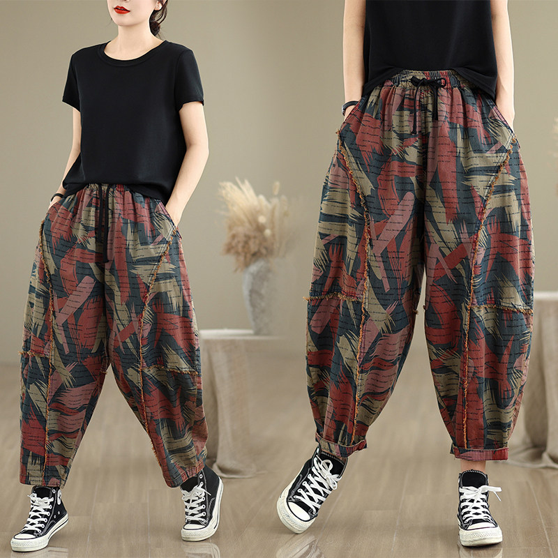 个性印花天丝牛仔裤女夏季大码松紧腰遮肉显瘦阔腿哈伦裤子薄款,女装/女士精品,牛仔裤,淘宝优惠券,粉丝福利购,淘宝优惠卷