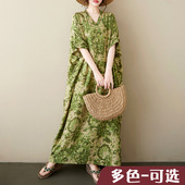 女士大码 文艺复古V领棉麻印花撞色连衣裙 新品 休闲外贸裙 拖地夏季