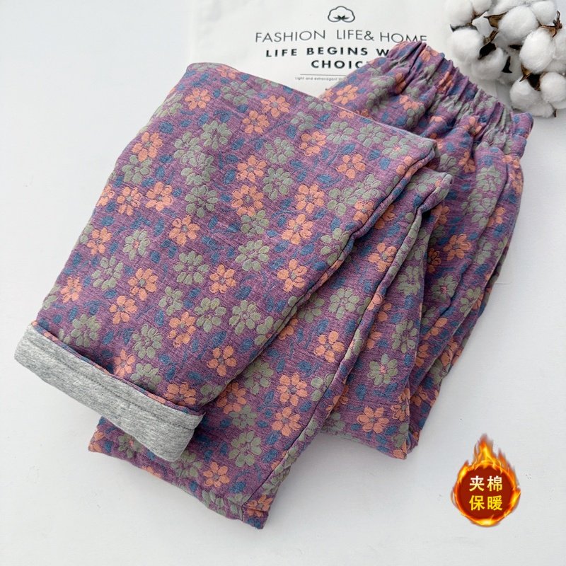 复古印花女冬款新款棉裤拼接加厚休闲设计感宽松直筒裤子长裤子,女装/女士精品,棉裤/羽绒裤,淘宝优惠券,粉丝福利购,淘宝优惠卷