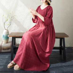 连衣裙女亲肤 宽松显瘦大版 外贸夏季 简约文艺风酒红暗格圆领灯笼袖