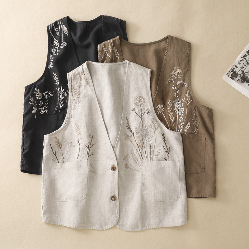 复古重工刺绣亚麻马甲外套春夏气质绣花无袖马夹上衣薄款民族风