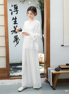 白色折扣捡漏新款民族风棉麻禅意打坐套装国风茶服表演服两件套女