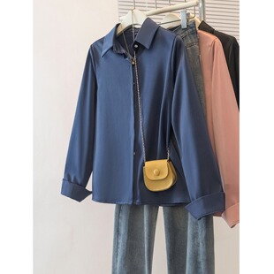 春季新款百搭抗皱有质感缎面衬衣 翻领纯色小衫凉爽亲肤好质量女