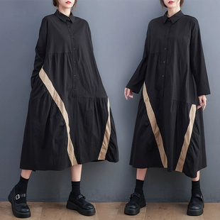 不规则拼接撞色长袖 裙 气质衬衫 大码 连衣裙女秋冬季 胖妹妹显瘦长款