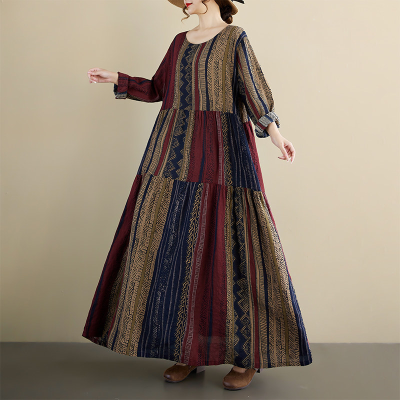 外贸春秋季新款复古减龄民族风圆领长袖麻棉大摆型条纹连衣裙女,女装/女士精品,大码连衣裙,淘宝优惠券,粉丝福利购,淘宝优惠卷