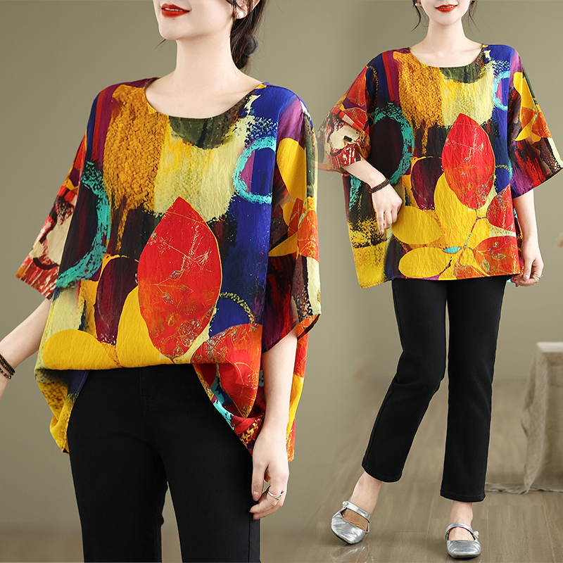 折扣捡漏 正品好质量夏季新品麻棉民族风蝙蝠袖宽松大码圆领T恤女