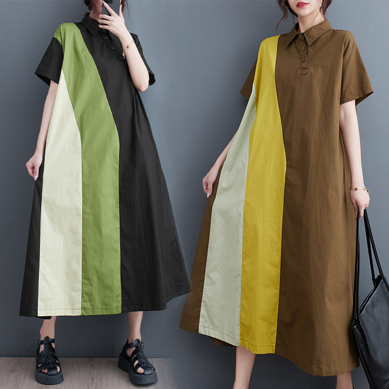 折扣夏新款宽松大码拼接休闲简约通勤甜美短袖连衣裙子POLO领加长