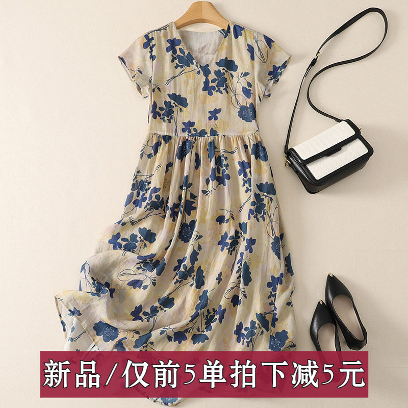 折扣夏季涤棉复古印花裙子蓝色花连衣裙高腰中长款V领裙子短袖