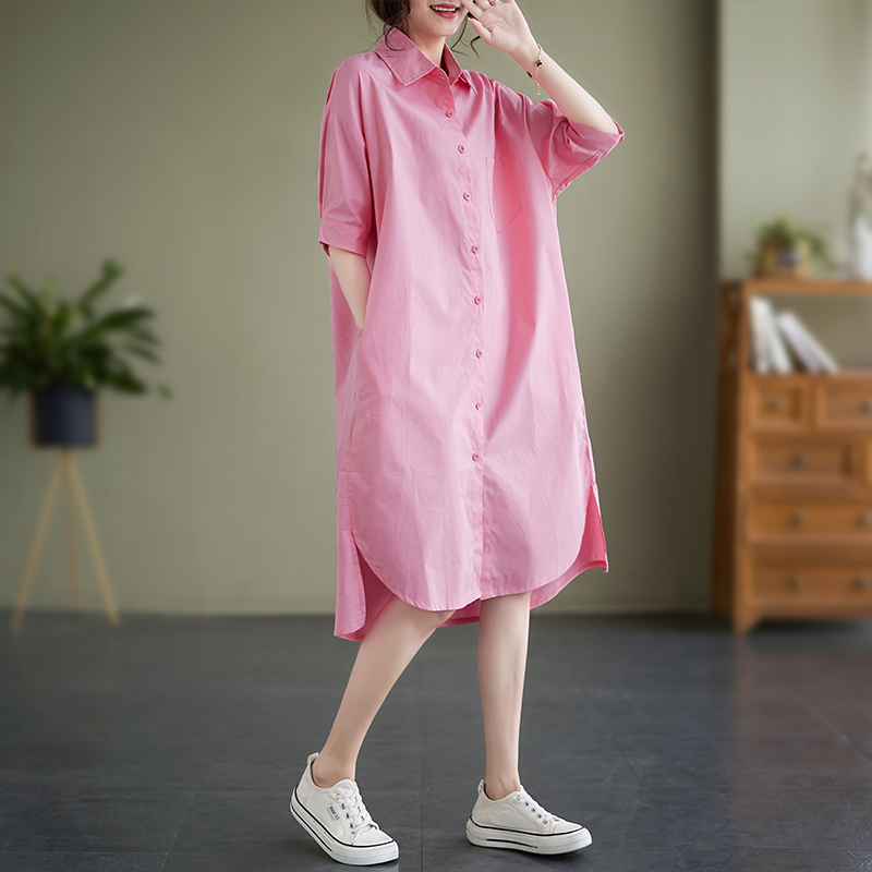 折扣夏款韩版大码宽松休闲开叉粉色衬衫裙女中长款亚麻短袖连衣裙